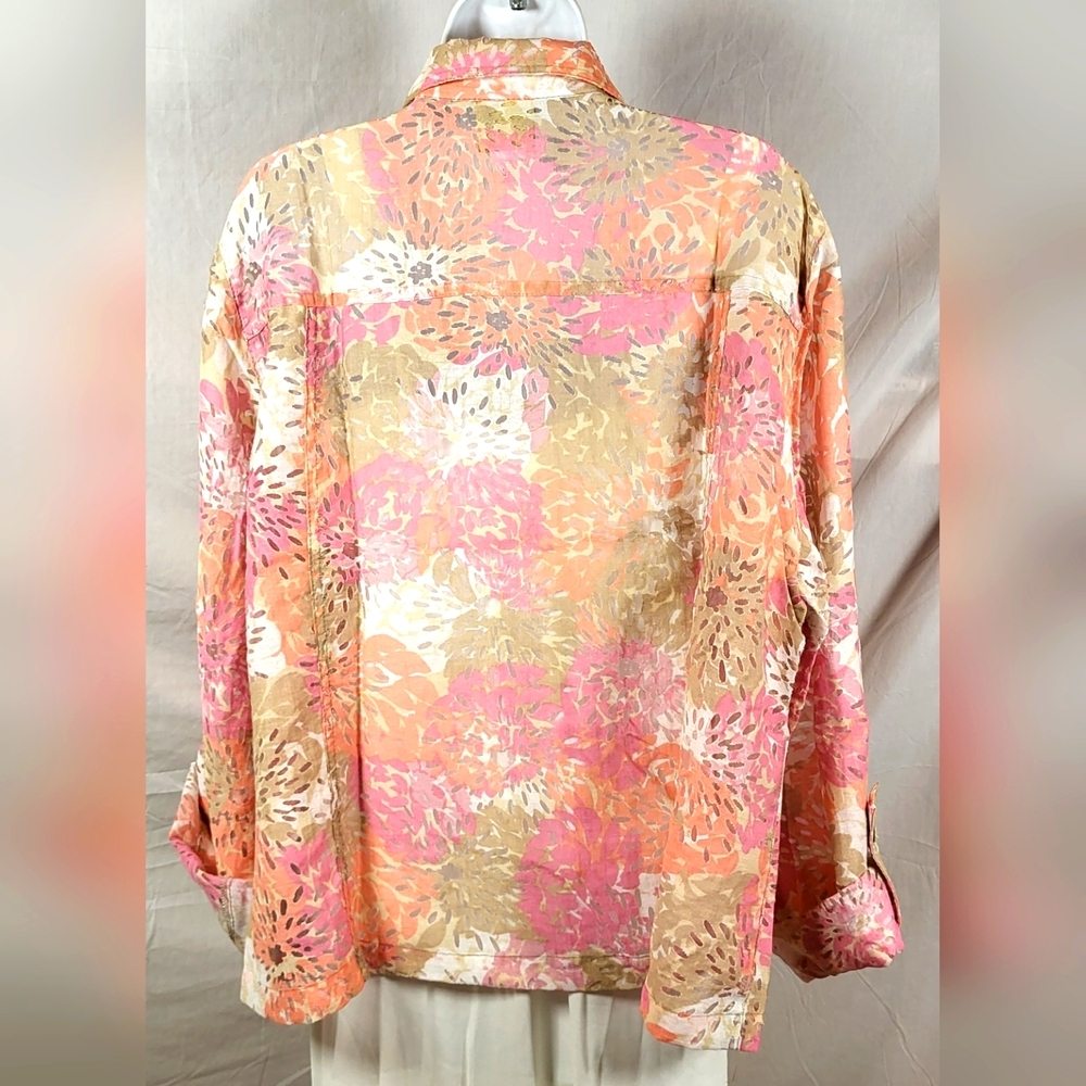 RUBY RD. Pink and Tan Floral Print Button Up Shirt Jacket - Size 18W or 1X - Picture 2 of 3